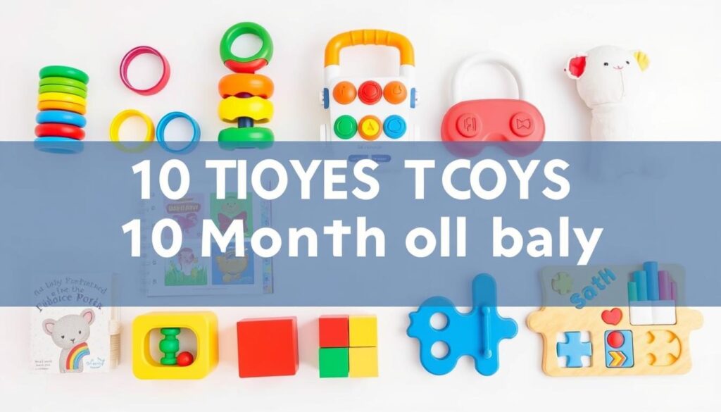 Zestaw 10 rekomendowanych zabawek dla 10-miesięcznego dziecka ułożonych na jasnym tle Zestaw 10 rekomendowanych zabawek dla 10-miesięcznego dziecka ułożonych na jasnym tle