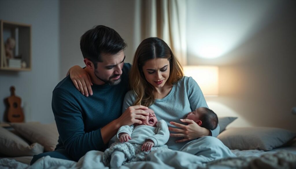 Zmęczeni rodzice z płaczącym niemowlakiem - wsparcie przy histerycznym płaczu