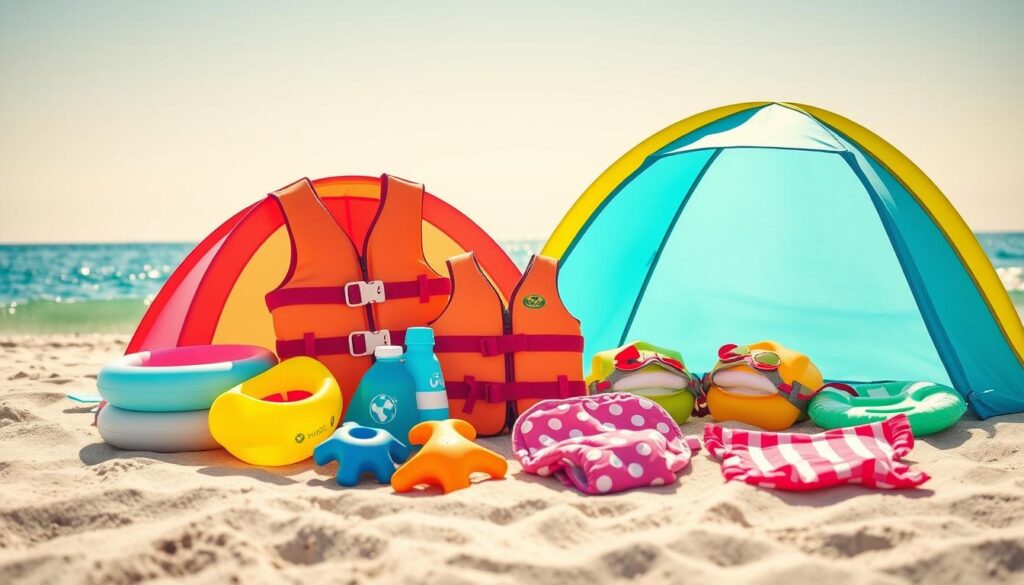 Akcesoria plażowe dla dziecka na wakacje za granicę - dmuchane zabawki, parasol, kocyk