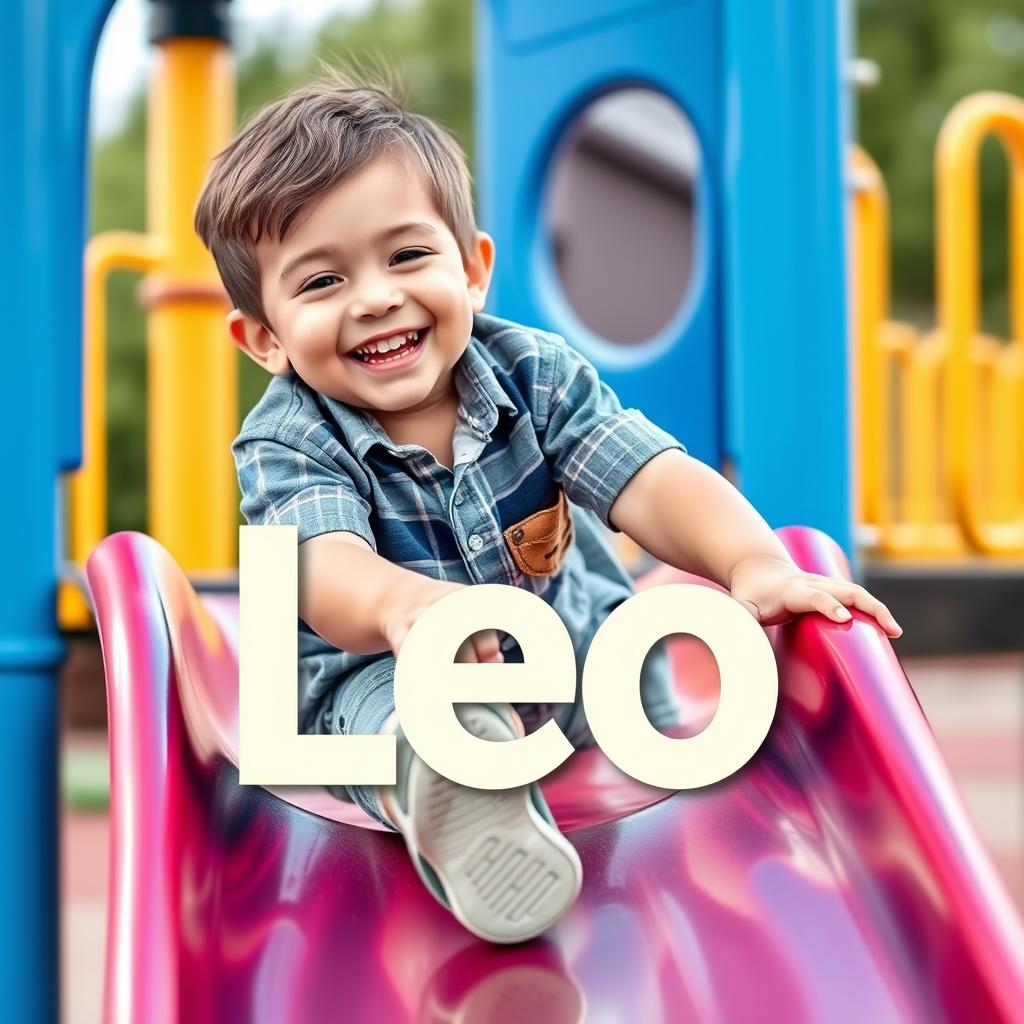Chłopiec o imieniu Leo bawi się na placu zabaw Chłopiec o imieniu Leo bawi się na placu zabaw