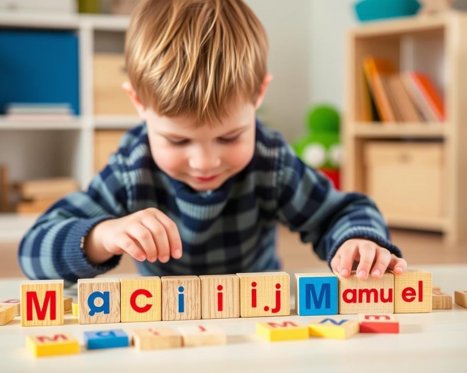 Chłopiec o imieniu na literę M bawi się klockami z literami Chłopiec o imieniu na literę M bawi się klockami z literami