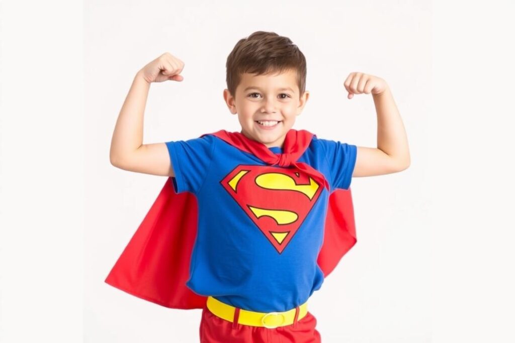 Chłopiec w samodzielnie wykonanym przebraniu za Supermana z postacie z bajek przebrania diy
