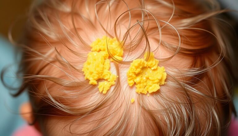 Ciemieniucha u rocznego dziecka - zbliżenie na skórę głowy z żółtymi łuskami