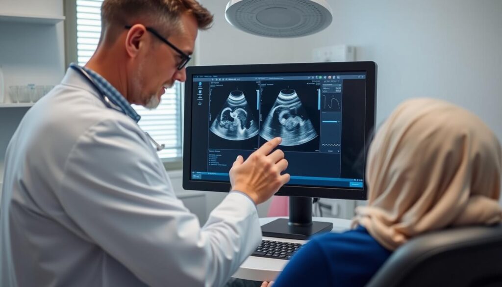 Doświadczony lekarz analizujący wyniki USG, kiedy można sprawdzić płeć dziecka Doświadczony lekarz analizujący wyniki USG, kiedy można sprawdzić płeć dziecka