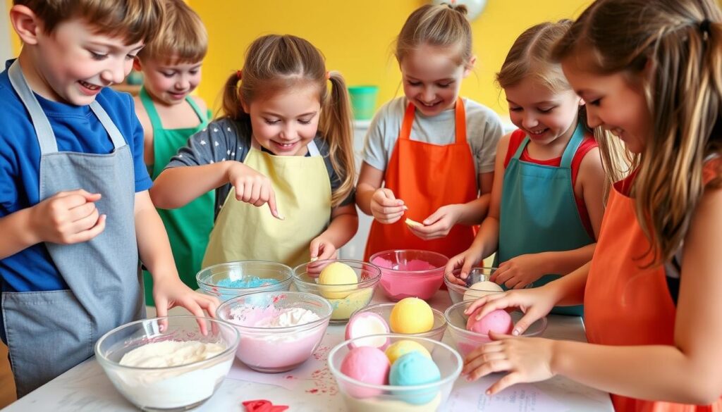 Dzieci tworzące kolorowe kule do kąpieli DIY