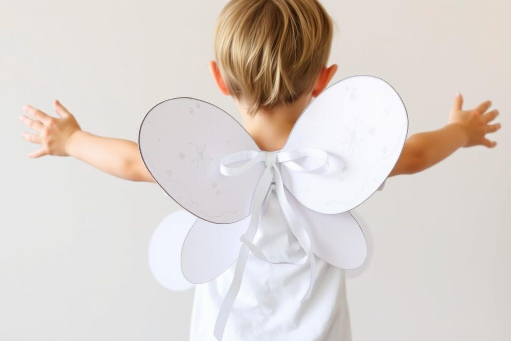 Dziecko w samodzielnie wykonanych skrzydłach anioła lub motyla