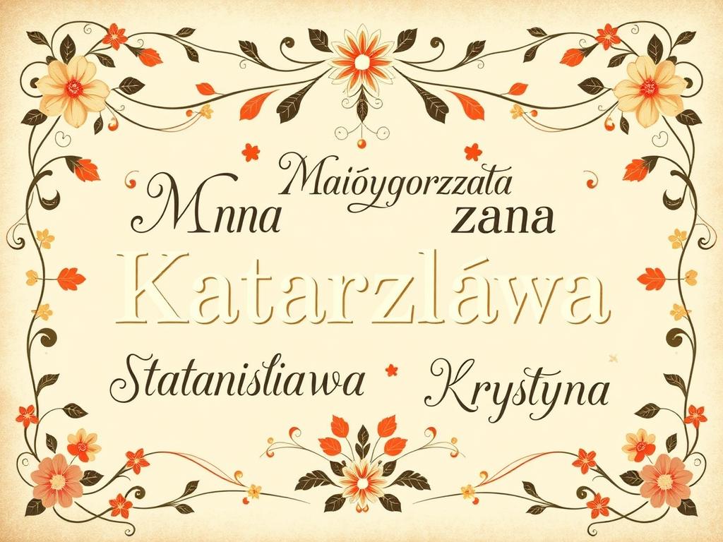 Elegancka grafika przedstawiająca tradycyjne polskie imiona dla dziewczynek w stylu vintage z elementami ludowymi Elegancka grafika przedstawiająca tradycyjne polskie imiona dla dziewczynek w stylu vintage z elementami ludowymi