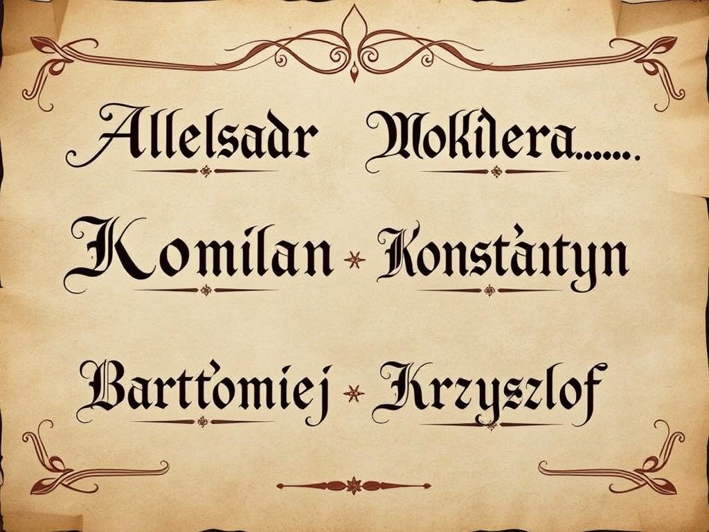 Eleganckie, długie imiona męskie kaligraficznie zapisane na pergaminie Eleganckie, długie imiona męskie kaligraficznie zapisane na pergaminie