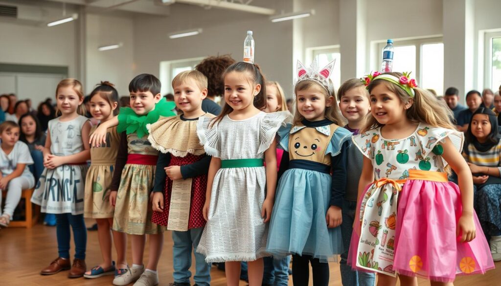 Grupa dzieci w strojach ekologicznych - pokaz mody ekologicznej Grupa dzieci w strojach ekologicznych - pokaz mody ekologicznej