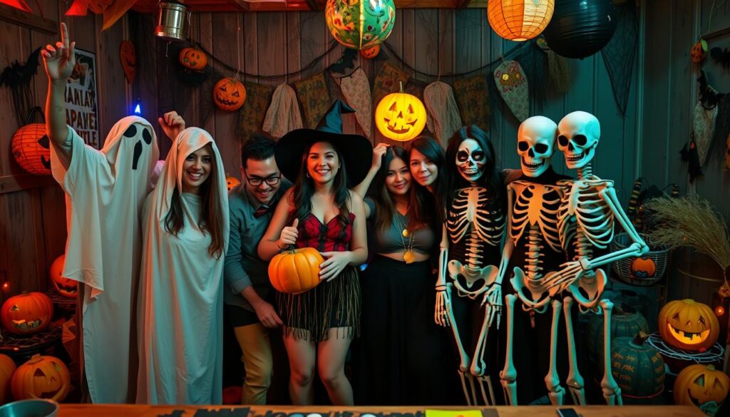 Grupa przyjaciół w różnych kostiumach DIY na przyjęciu Halloween