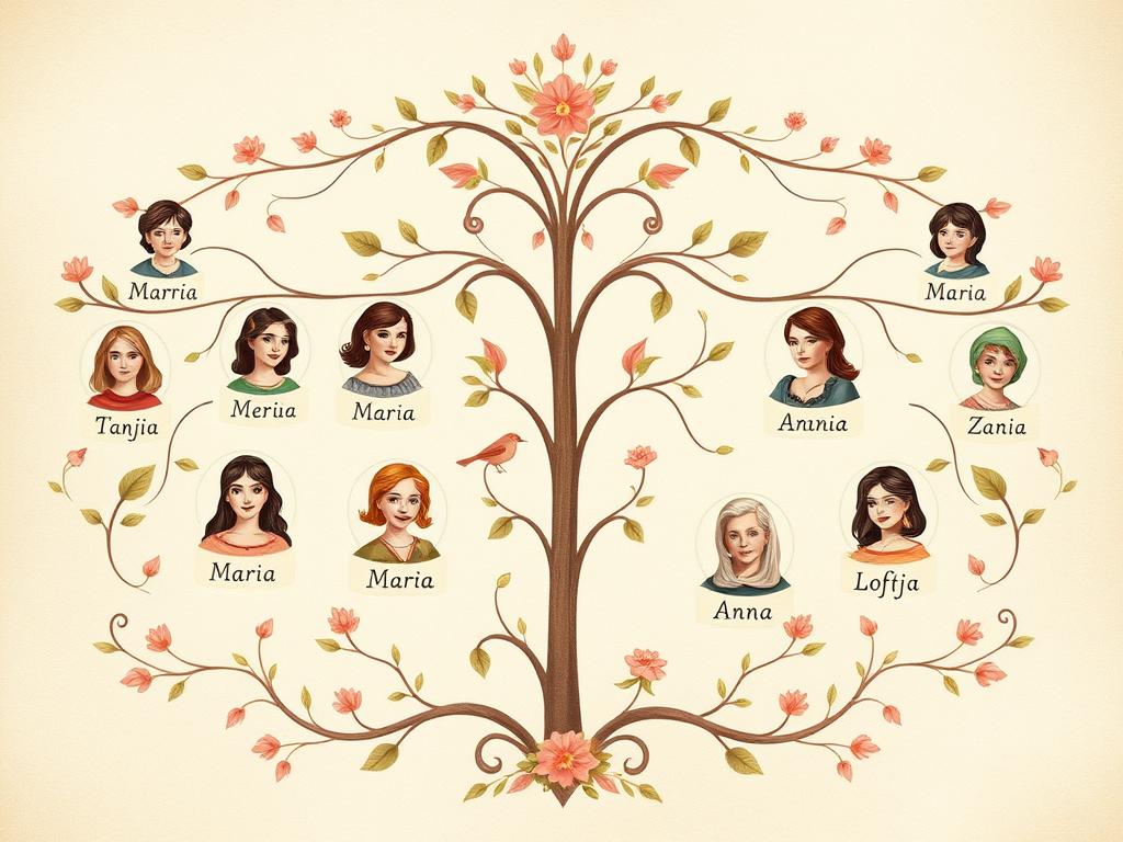 Ilustracja przedstawiająca drzewo genealogiczne z imionami żeńskimi przekazywanymi z pokolenia na pokolenie Ilustracja przedstawiająca drzewo genealogiczne z imionami żeńskimi przekazywanymi z pokolenia na pokolenie