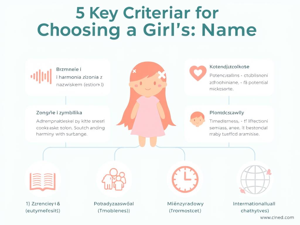 Infografika przedstawiająca 5 kluczowych kryteriów wyboru imienia dla dziewczynki: brzmienie, znaczenie, zdrobnienia, ponadczasowość i międzynarodowy charakter Infografika przedstawiająca 5 kluczowych kryteriów wyboru imienia dla dziewczynki: brzmienie, znaczenie, zdrobnienia, ponadczasowość i międzynarodowy charakter
