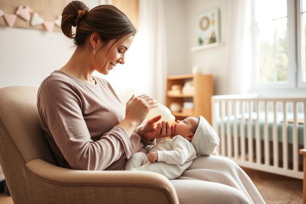Kobieta karmiąca niemowlę butelką z mlekiem modyfikowanym, ilustrująca brak miesiączki po porodzie przy niekarmieniu piersią Kobieta karmiąca niemowlę butelką z mlekiem modyfikowanym, ilustrująca brak miesiączki po porodzie przy niekarmieniu piersią