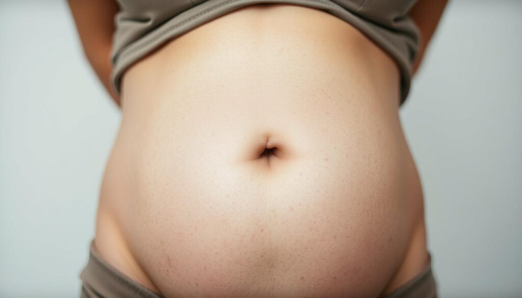Kobieta po cesarskim cięciu z blizną pooperacyjną, ilustrująca nieregularny okres po cesarce Kobieta po cesarskim cięciu z blizną pooperacyjną, ilustrująca nieregularny okres po cesarce
