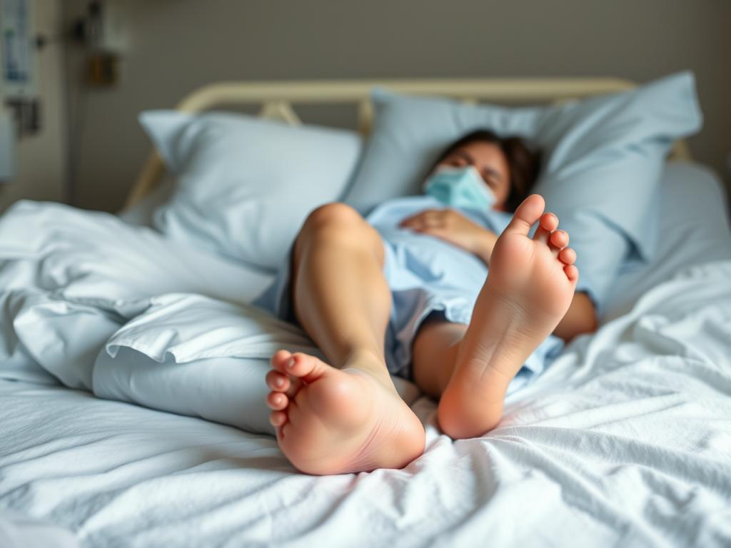 Kobieta po cesarskim cięciu z opuchniętymi nogami odpoczywająca w łóżku Kobieta po cesarskim cięciu z opuchniętymi nogami odpoczywająca w łóżku