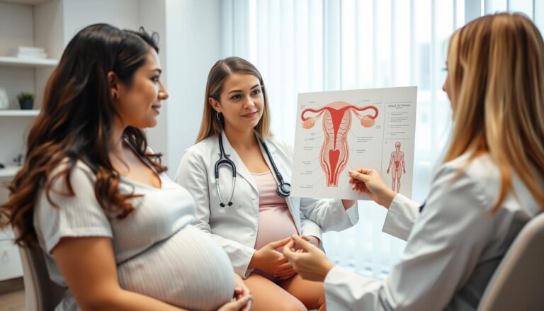 Kobieta po porodzie konsultująca się z lekarzem ginekologiem na temat braku miesiączki po porodzie