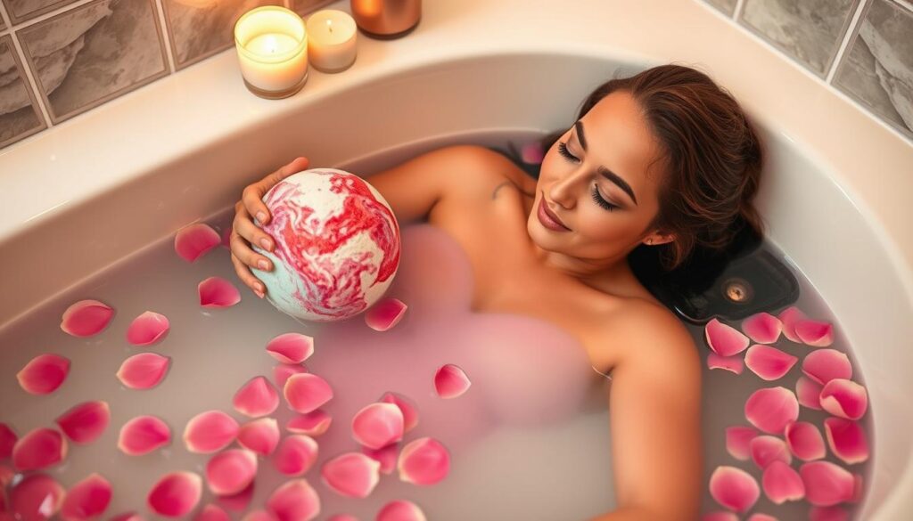 Kobieta relaksująca się w wannie z kulą do kąpieli DIY