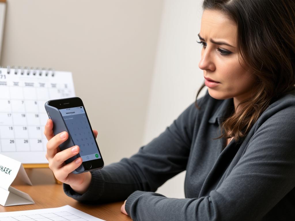 Kobieta sprawdzająca kalendarz menstruacyjny, zaznaczająca brak drugiej miesiączki po porodzie Kobieta sprawdzająca kalendarz menstruacyjny, zaznaczająca brak drugiej miesiączki po porodzie