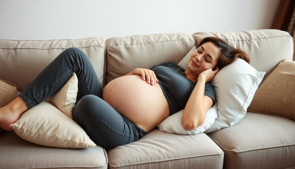 Kobieta w ciąży odpoczywająca w wygodnej pozycji na boku Kobieta w ciąży odpoczywająca w wygodnej pozycji na boku