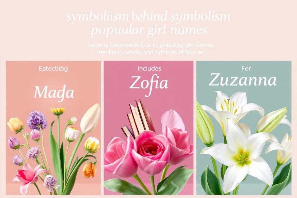 Kolaż przedstawiający symbolikę popularnych imion dla dziewczynek - Maja (wiosenne kwiaty), Zofia (książki symbolizujące mądrość), Zuzanna (lilie) Kolaż przedstawiający symbolikę popularnych imion dla dziewczynek - Maja (wiosenne kwiaty), Zofia (książki symbolizujące mądrość), Zuzanna (lilie)