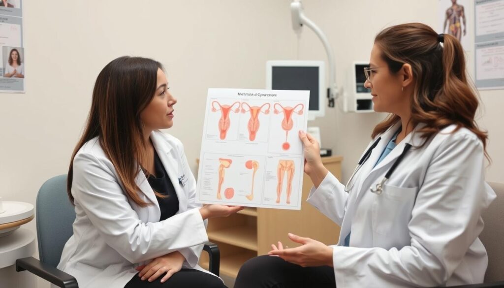 Lekarz ginekolog badający pacjentkę z problemem braku miesiączki po porodzie Lekarz ginekolog badający pacjentkę z problemem braku miesiączki po porodzie