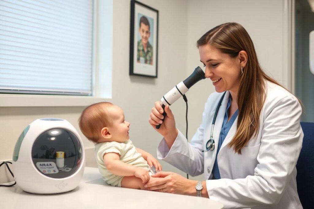 Lekarz pediatra badający słuch dziecka i udzielający porad na temat białego szumu Lekarz pediatra badający słuch dziecka i udzielający porad na temat białego szumu