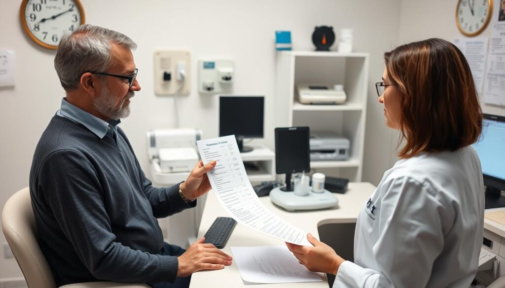 Lekarz pokazujący pacjentce wyniki badań hormonalnych związanych z brakiem miesiączki po porodzie Lekarz pokazujący pacjentce wyniki badań hormonalnych związanych z brakiem miesiączki po porodzie