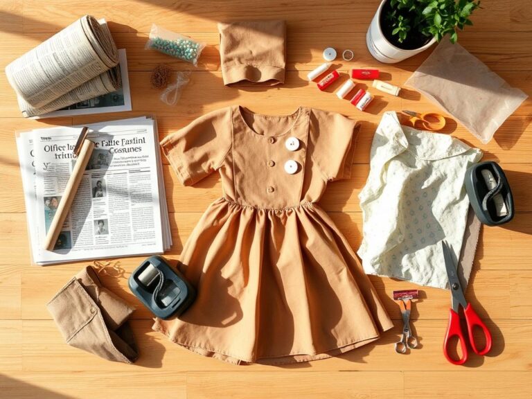 Materiały do tworzenia stroju ekologicznego dla dziewczynki - papier, gazety, tektura