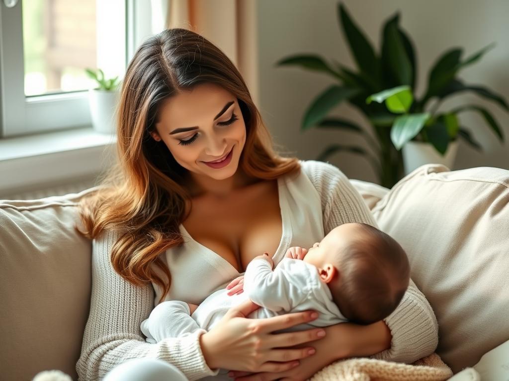 Matka karmiąca piersią niemowlę, ilustrująca wpływ karmienia piersią na brak miesiączki po porodzie Matka karmiąca piersią niemowlę, ilustrująca wpływ karmienia piersią na brak miesiączki po porodzie