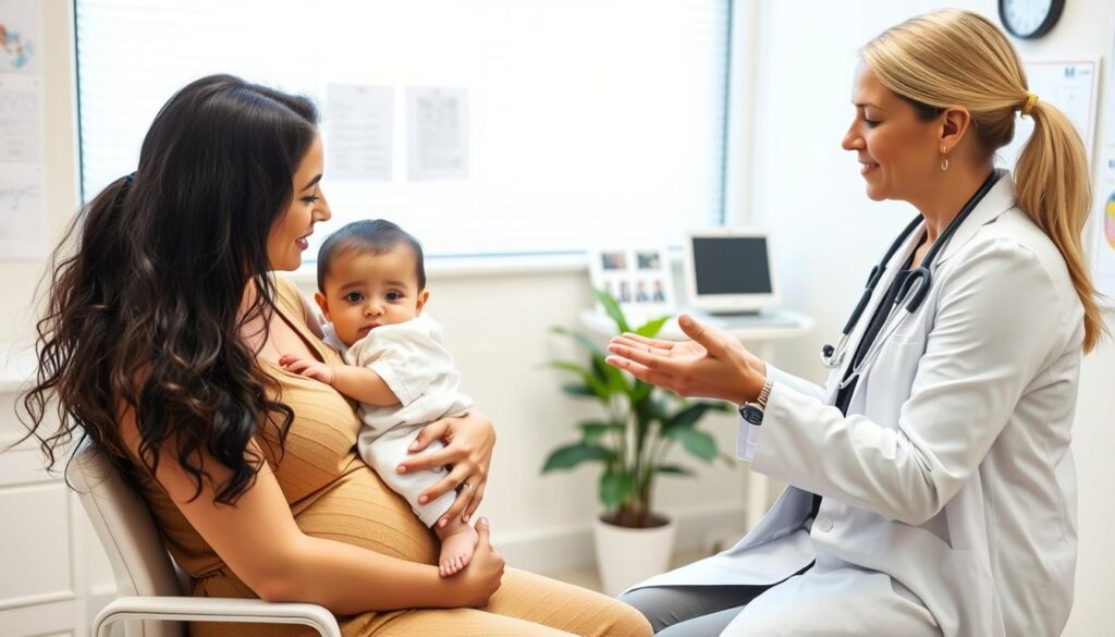 Matka z dzieckiem na wizycie kontrolnej u ginekologa, omawiająca brak miesiączki po porodzie Matka z dzieckiem na wizycie kontrolnej u ginekologa, omawiająca brak miesiączki po porodzie