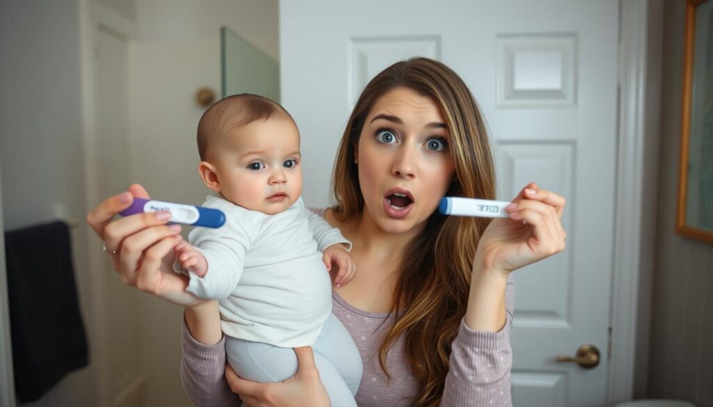 Młoda matka z niemowlęciem i testem ciążowym, ilustrująca możliwość zajścia w ciążę mimo braku miesiączki po porodzie Młoda matka z niemowlęciem i testem ciążowym, ilustrująca możliwość zajścia w ciążę mimo braku miesiączki po porodzie