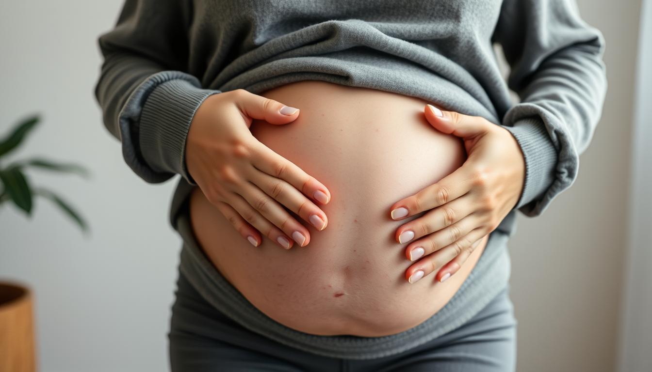 Napięty brzuch w ciąży 2 trymestr - kobieta w ciąży dotykająca brzucha