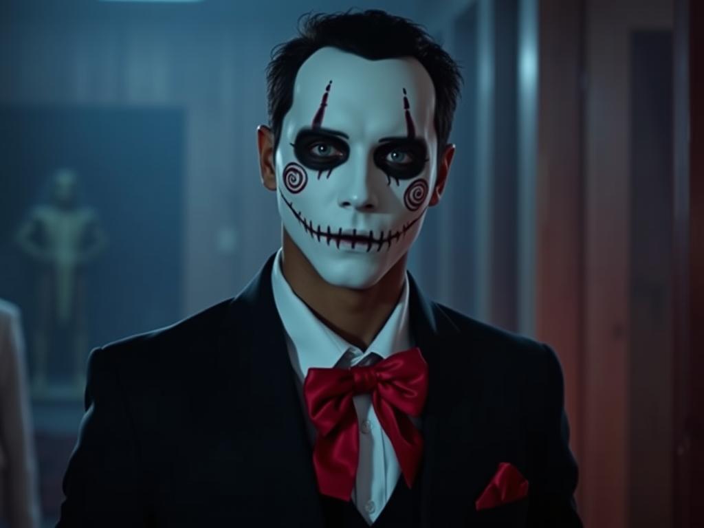 Osoba w kostiumie Jigsawa DIY z białą koszulą, czarną marynarką i czerwoną muszką na Halloween