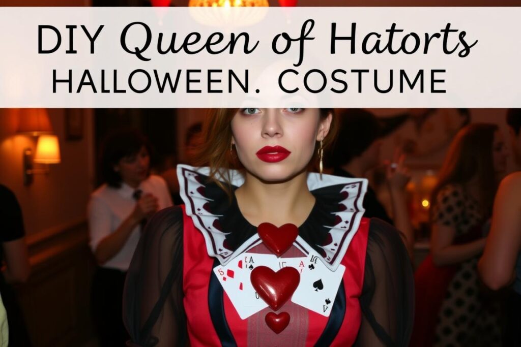 Osoba w kostiumie Królowej Kier DIY z czerwoną sukienką i kartami do gry na Halloween