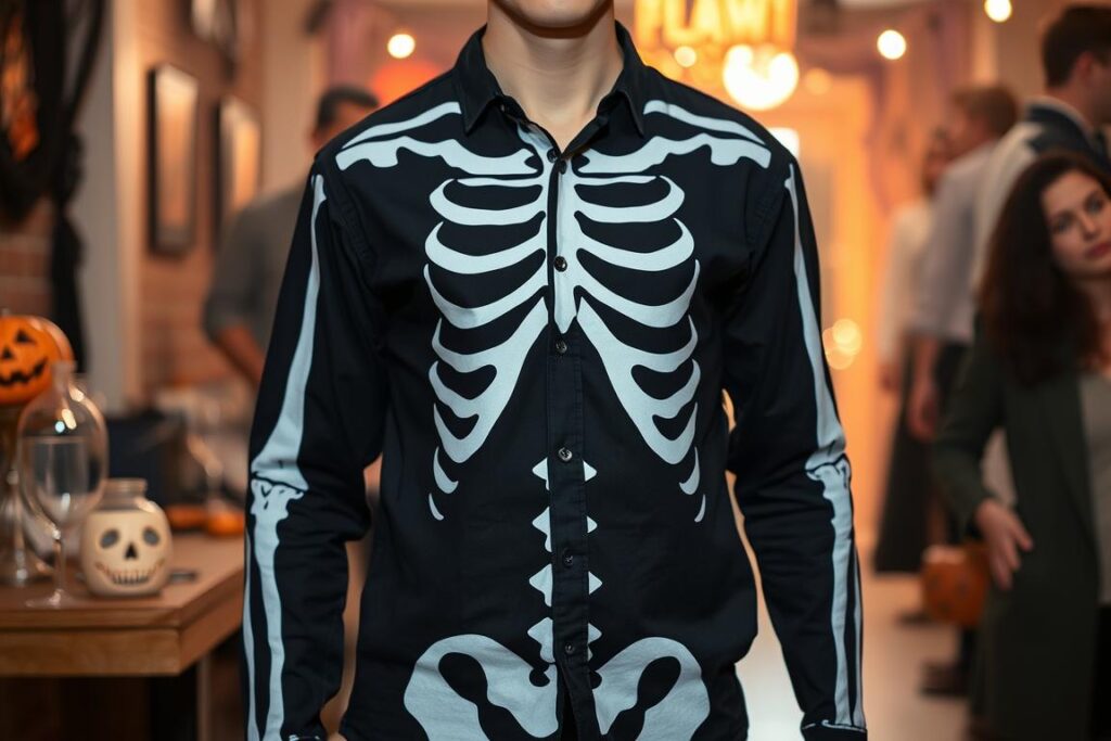 Osoba w kostiumie kościotrupa DIY wykonanym z czarnej i białej koszulki