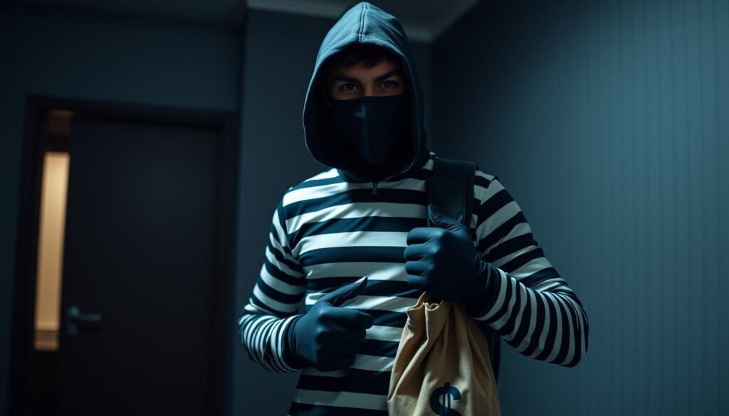 Osoba w kostiumie złodzieja DIY z czarno-białą koszulą i maską na Halloween
