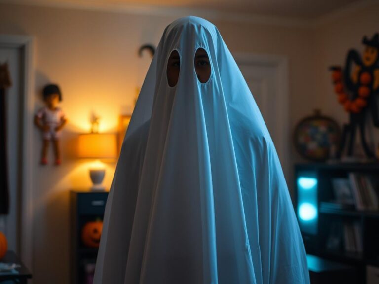 Osoba w przebraniu ducha wykonanym z białego prześcieradła na Halloween DIY