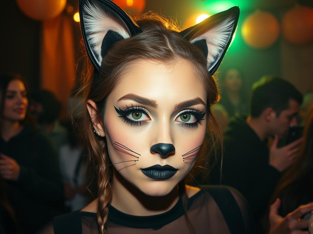 Osoba z makijażem kota na Halloween DIY