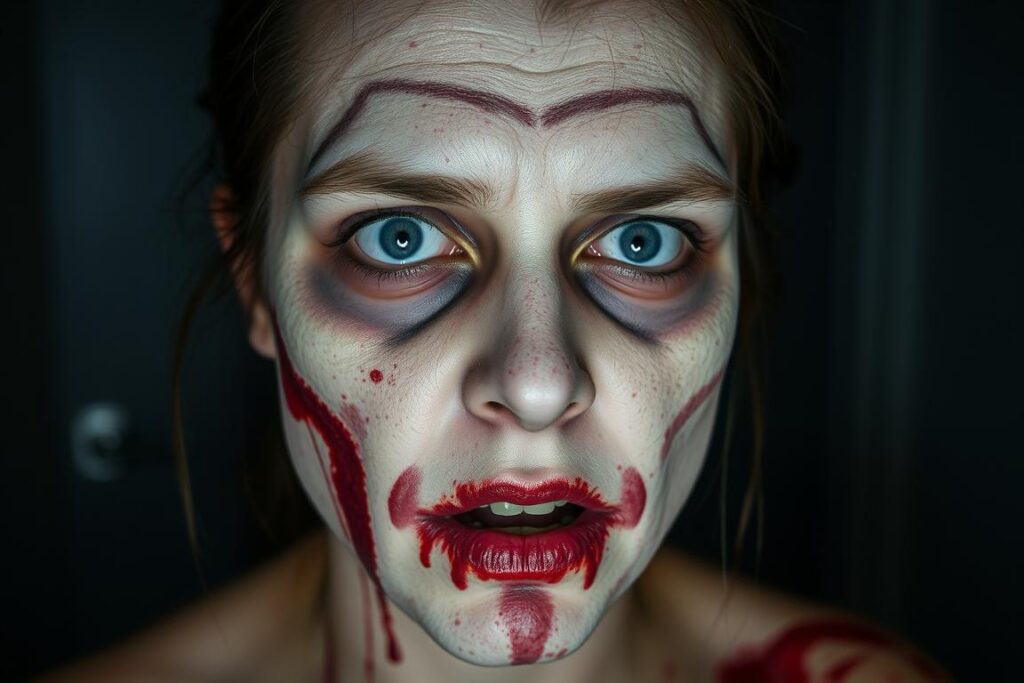 Osoba z makijażem zombie na Halloween DIY