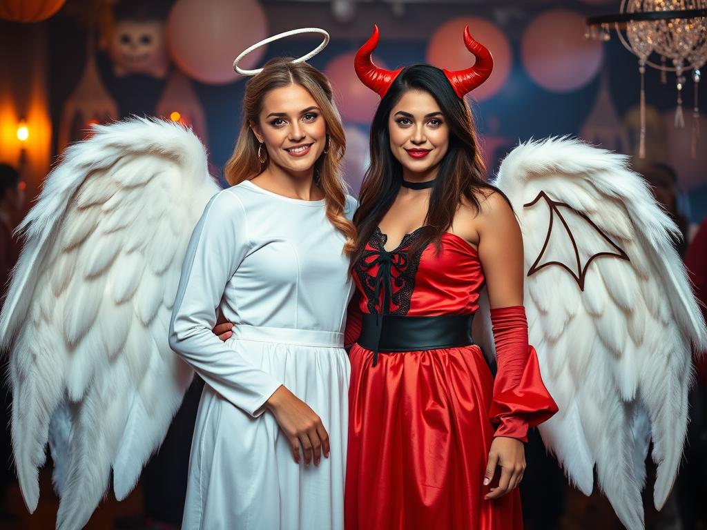 Para w kostiumach anioła i diabła DIY na Halloween