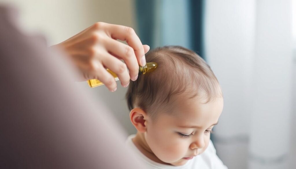 Pielęgnacja skóry głowy dziecka z ciemieniuchą - nakładanie oliwki Pielęgnacja skóry głowy dziecka z ciemieniuchą - nakładanie oliwki