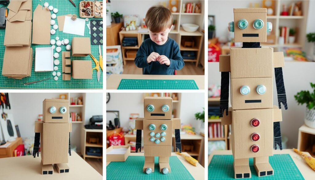 Proces tworzenia stroju ekologicznego dla chłopca - robot z kartonów Proces tworzenia stroju ekologicznego dla chłopca - robot z kartonów