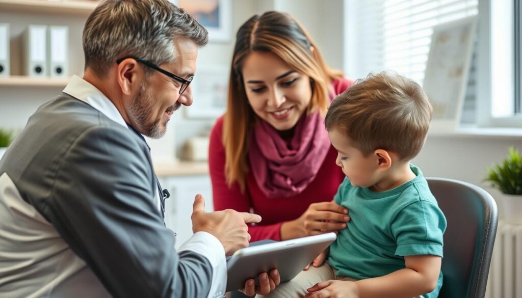 Rodzic konsultujący problem ciemieniuchy u rocznego dziecka z pediatrą Rodzic konsultujący problem ciemieniuchy u rocznego dziecka z pediatrą