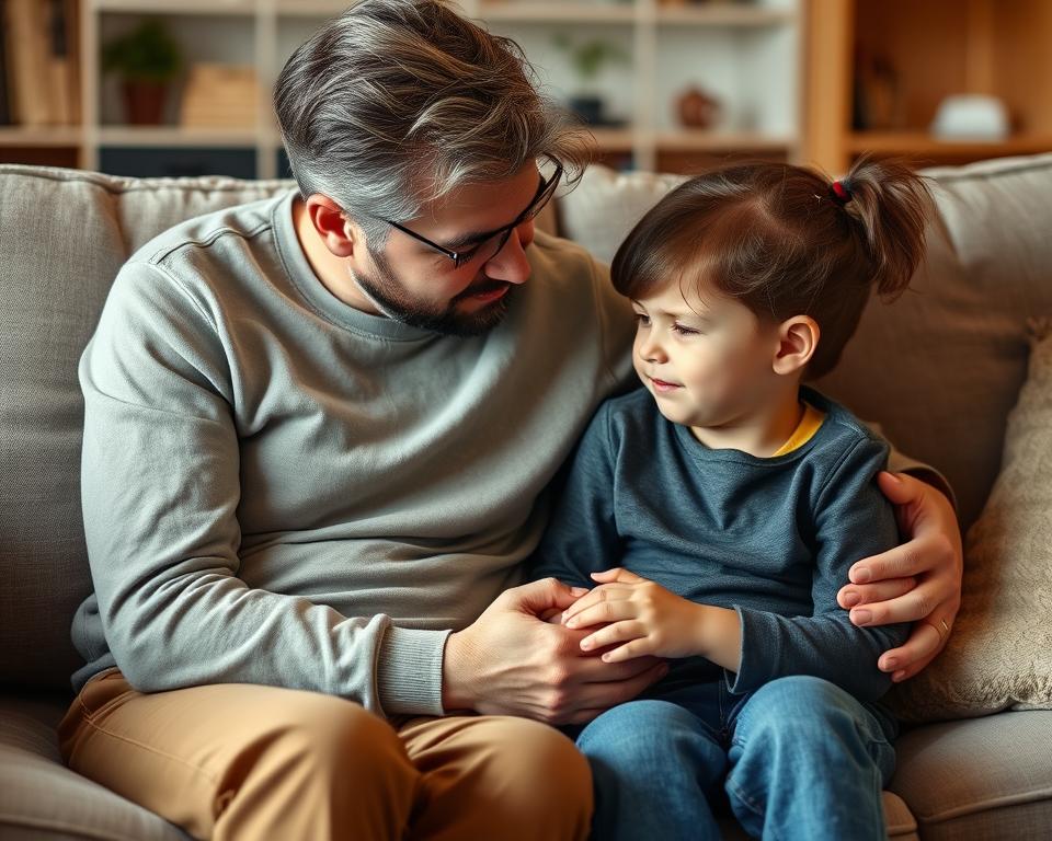 Rodzic pocieszający smutne dziecko słowami kocham cię