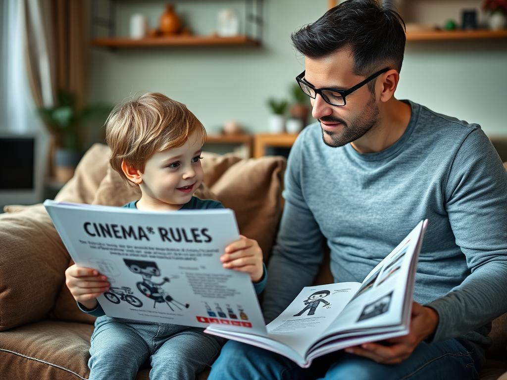 Rodzic tłumaczący dziecku zasady zachowania w kinie - kiedy do kina z dzieckiem