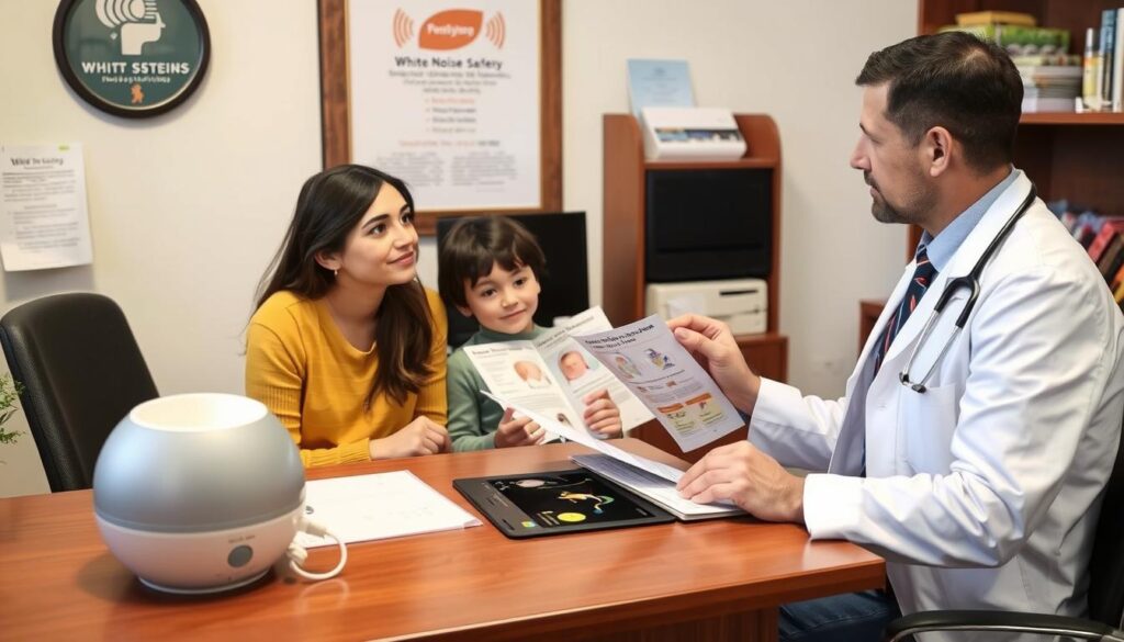 Rodzice konsultujący się z pediatrą na temat bezpiecznego stosowania białego szumu Rodzice konsultujący się z pediatrą na temat bezpiecznego stosowania białego szumu
