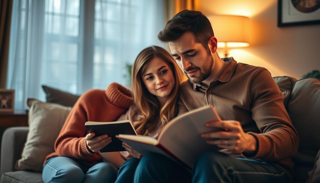 Rodzice z notatnikiem rozważający różne imiona dla chłopca Rodzice z notatnikiem rozważający różne imiona dla chłopca