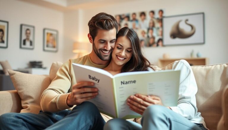 Rodzice zastanawiający się nad wyborem imienia dla chłopca, przeglądający listę imion dla chłopców