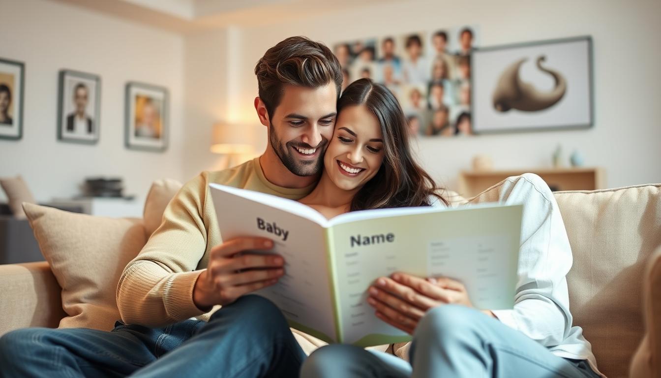 Rodzice zastanawiający się nad wyborem imienia dla chłopca, przeglądający listę imion dla chłopców