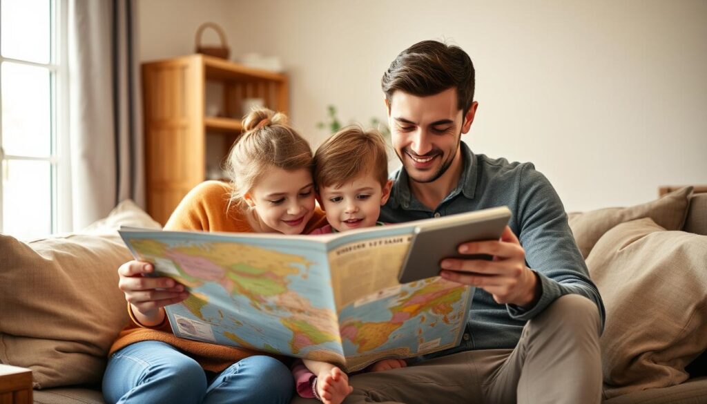 Rodzina planująca wakacje z dzieckiem za granicę - przeglądanie map i przewodników